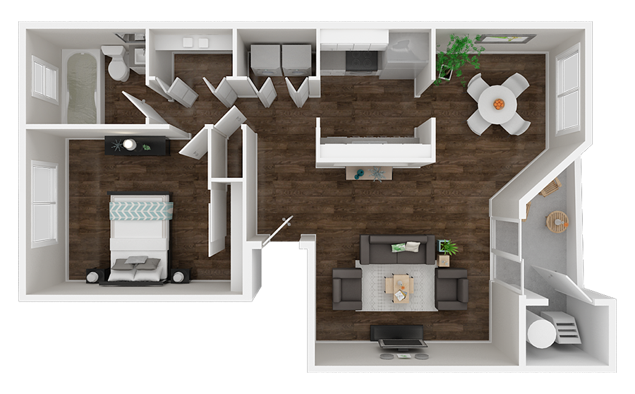Floor plan for 1 bed, 1 bath, 713 sqft